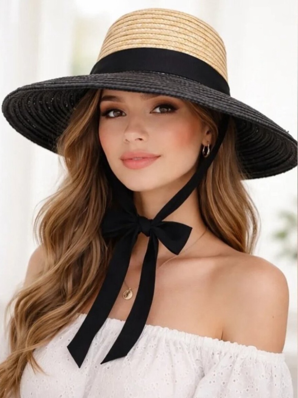 NWT Wyeth Two-Tone black and tan Straw Sun Hat with Black Ribbon Tie